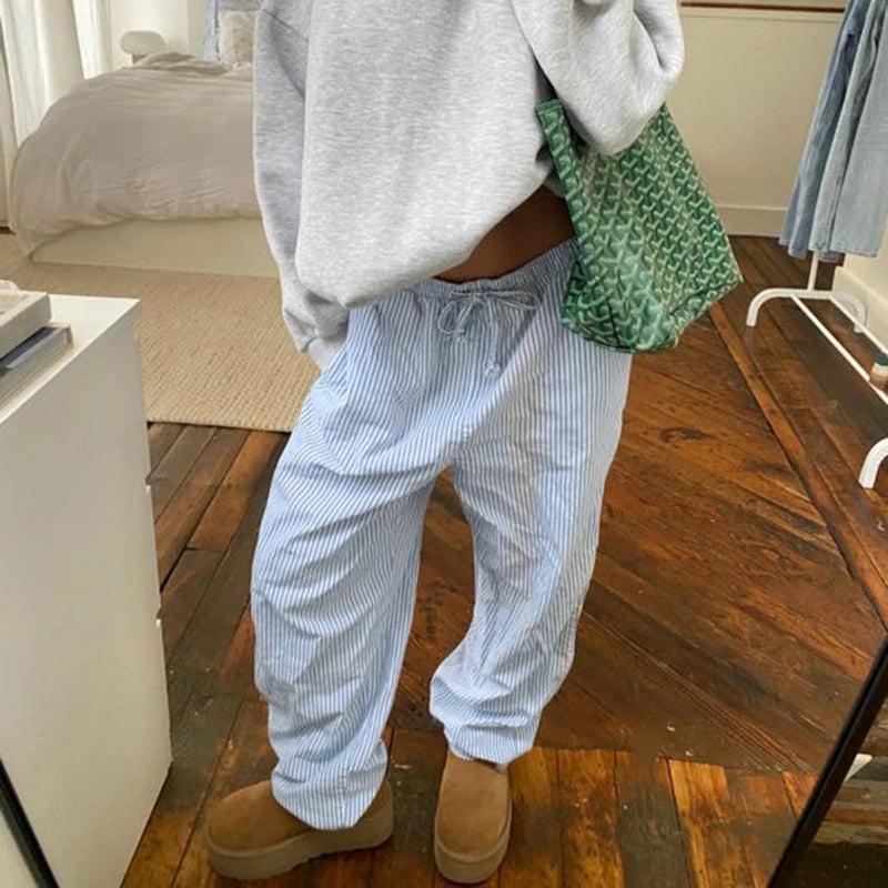 Cuteandpsycho streetwear listrado impressão calças soltas rendas corredores moda y2k calças largas básico estética 90s bonito bottoms