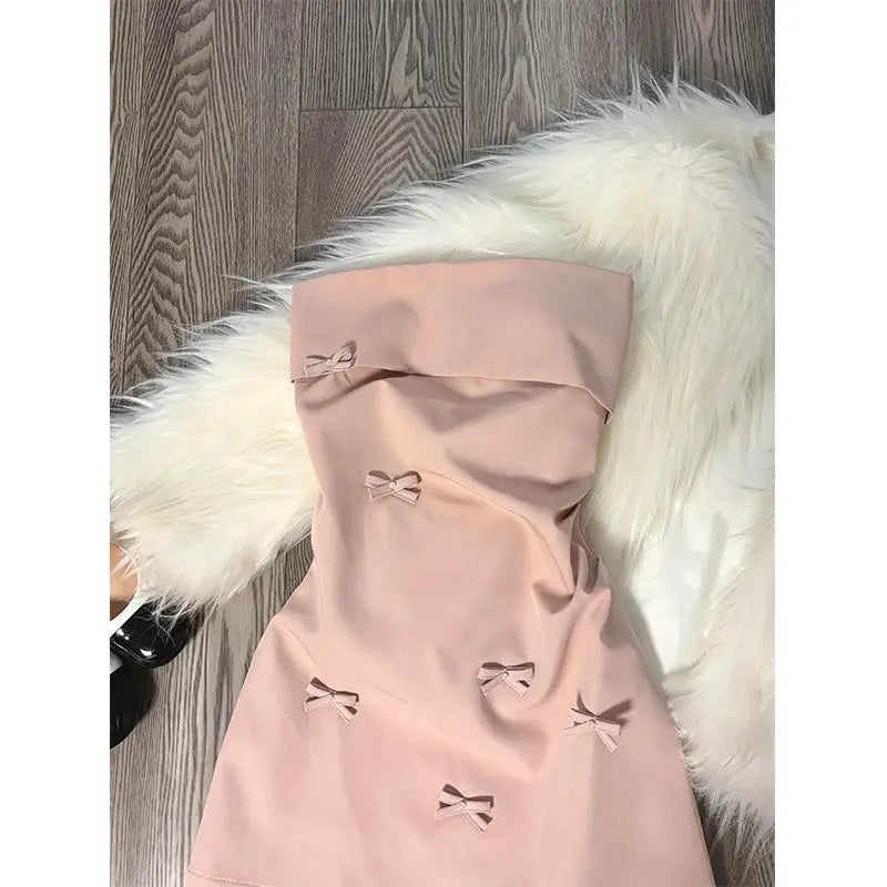 Primavera rosa sem alças mini vestido feminino arco design elegante fino ajuste elegante vestido confortável festa casual feminino 2025 novo