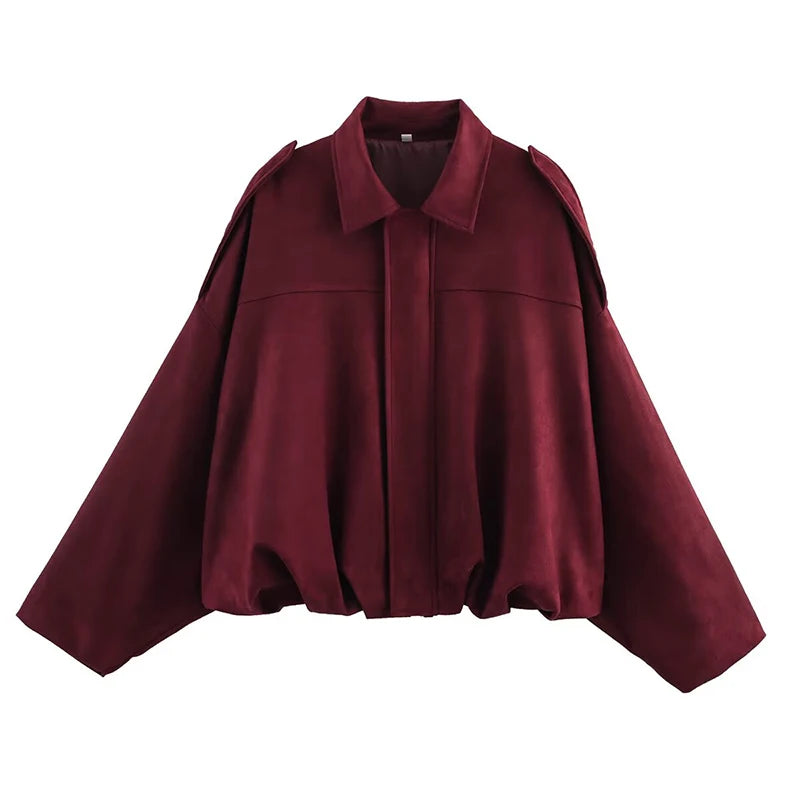 Rafznb jaquetas bomber femininas casacos moda gola virada para baixo manga longa casacos soltos vintage feminino outerwear chiques topos