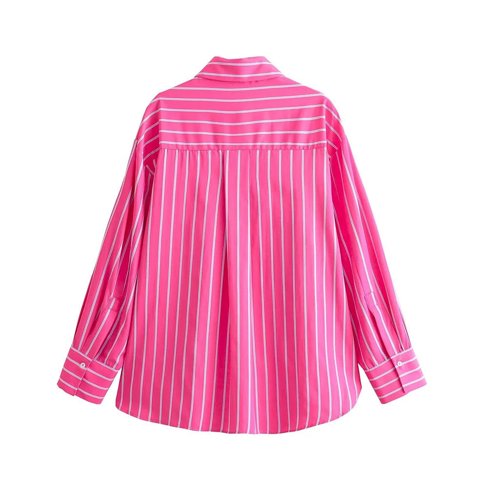 TRAF Camisa de verão Feminina com Lapela Reta e Peito Único Camisa Solta Moda Popular Decoração de Riscas Bolso Camisa Solta Fina