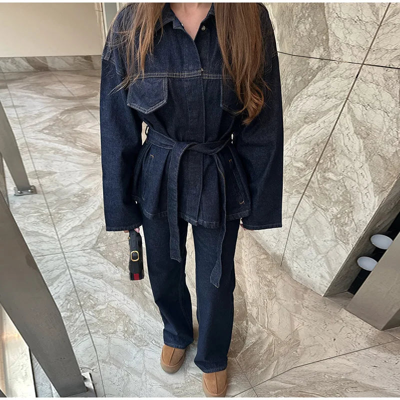 Vintage emendado denim jaqueta calças definir cinto feminino único breasted jaquetas bolsos jeans retos 2025 primavera senhora rua outfit