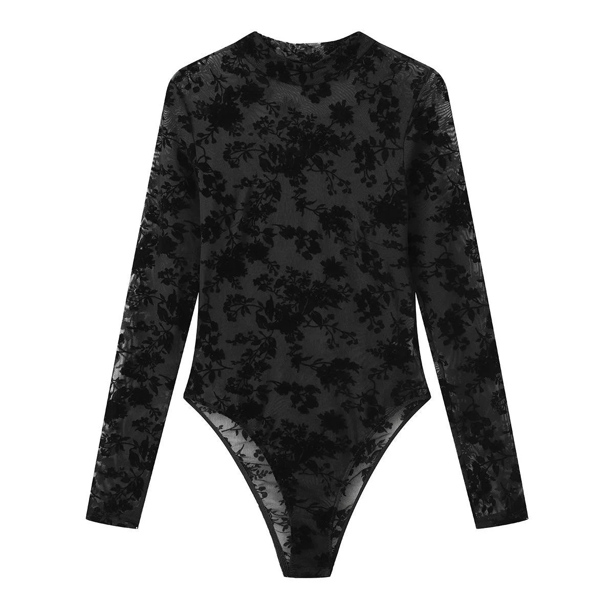 Sexy feminino preto floral reunindo malha pura mock neck manga longa bodysuit