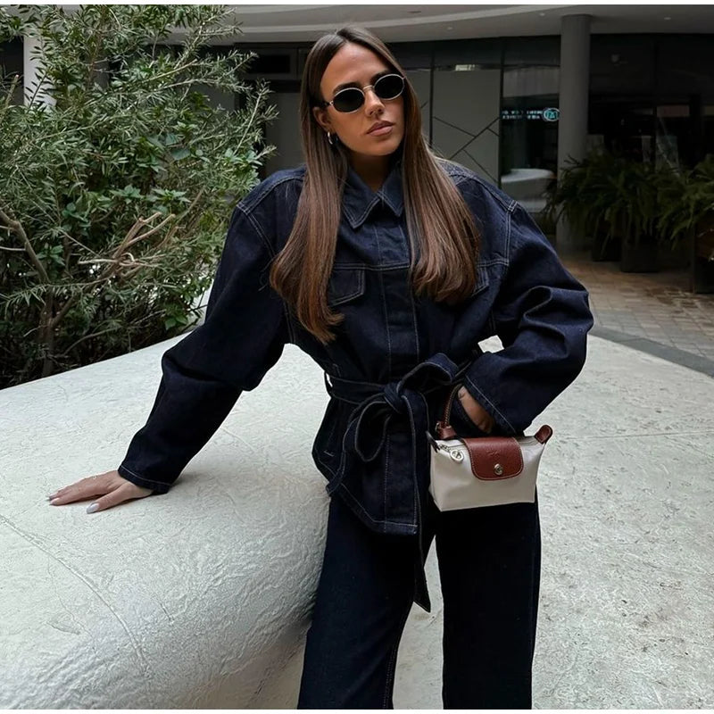 Vintage emendado denim jaqueta calças definir cinto feminino único breasted jaquetas bolsos jeans retos 2025 primavera senhora rua outfit
