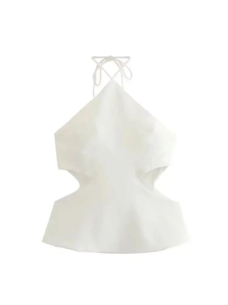 TRZA – Regatas femininas com gola halter e costas nuas, camis femininas, amarradas, vazadas, sexy, fashion