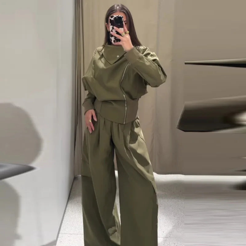 Calças de carga ternos femininos high street vintage solto lapela mangas compridas define feminino 2025 primavera nova moda conjuntos com zíper 2 peças