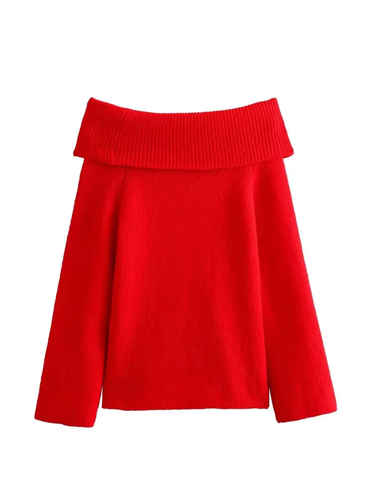 Trafza moda feminina sólida fora do ombro camisola de manga longa pulôver de malha camisola outono feminino casual malhas chique topo