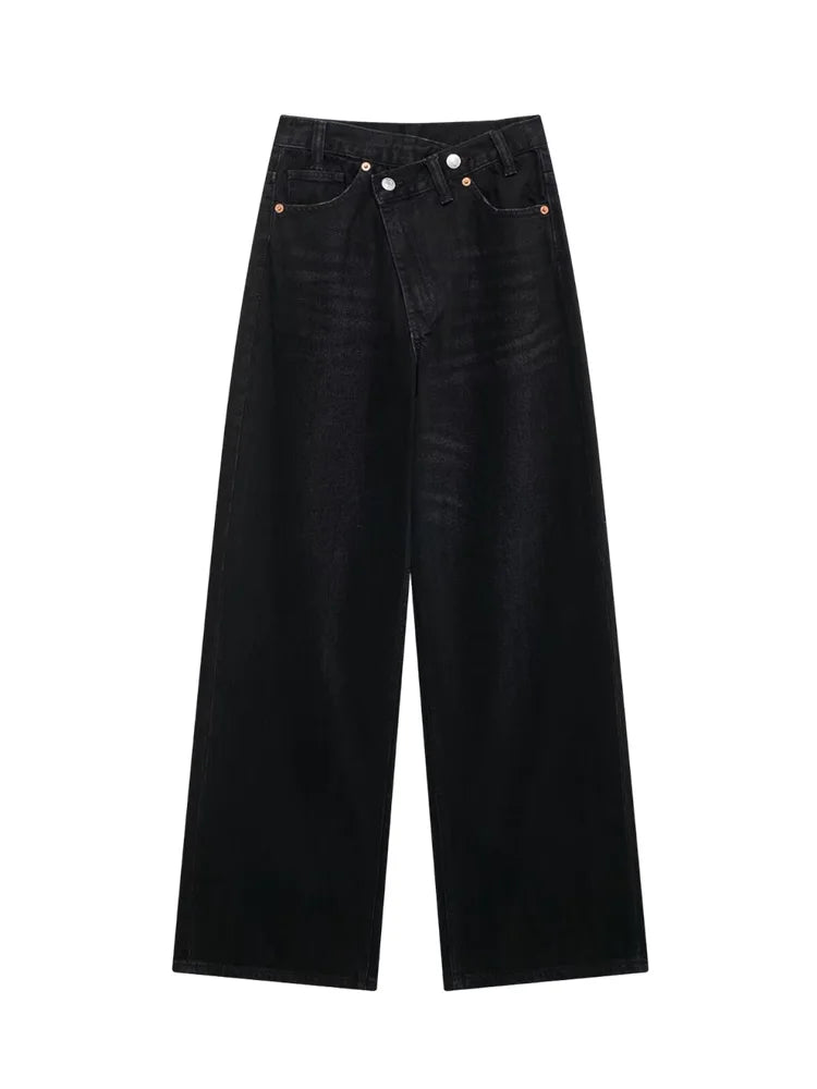 TRAF Calças de ganga básicas para mulher New Fashion Asymmetric Design High Waist Wide Leg Trousers Calças de ganga casuais de perna direita para mulher