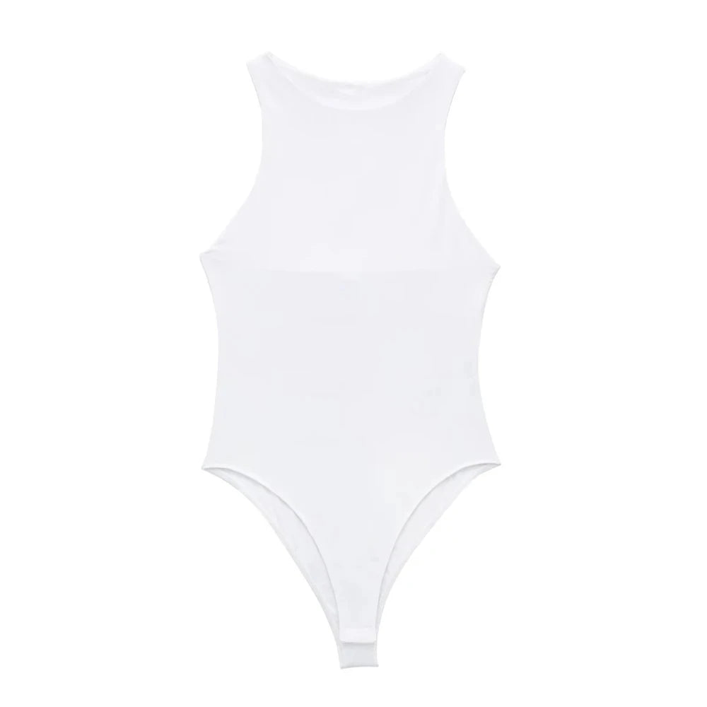 Trza moda feminina com halter pescoço magro bodysuit sexy sem mangas snap-botão feminino playsuits mujer