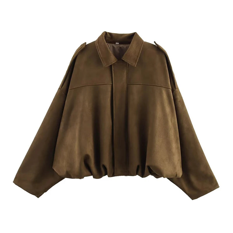 Rafznb jaquetas bomber femininas casacos moda gola virada para baixo manga longa casacos soltos vintage feminino outerwear chiques topos