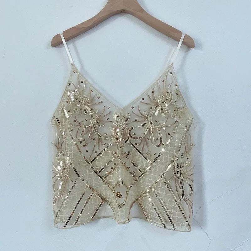 Feminino com decote em v sem mangas regata sexy magro topo verão pesado industrial lantejoulas cravejadas lantejoulas curto solto camisola topo