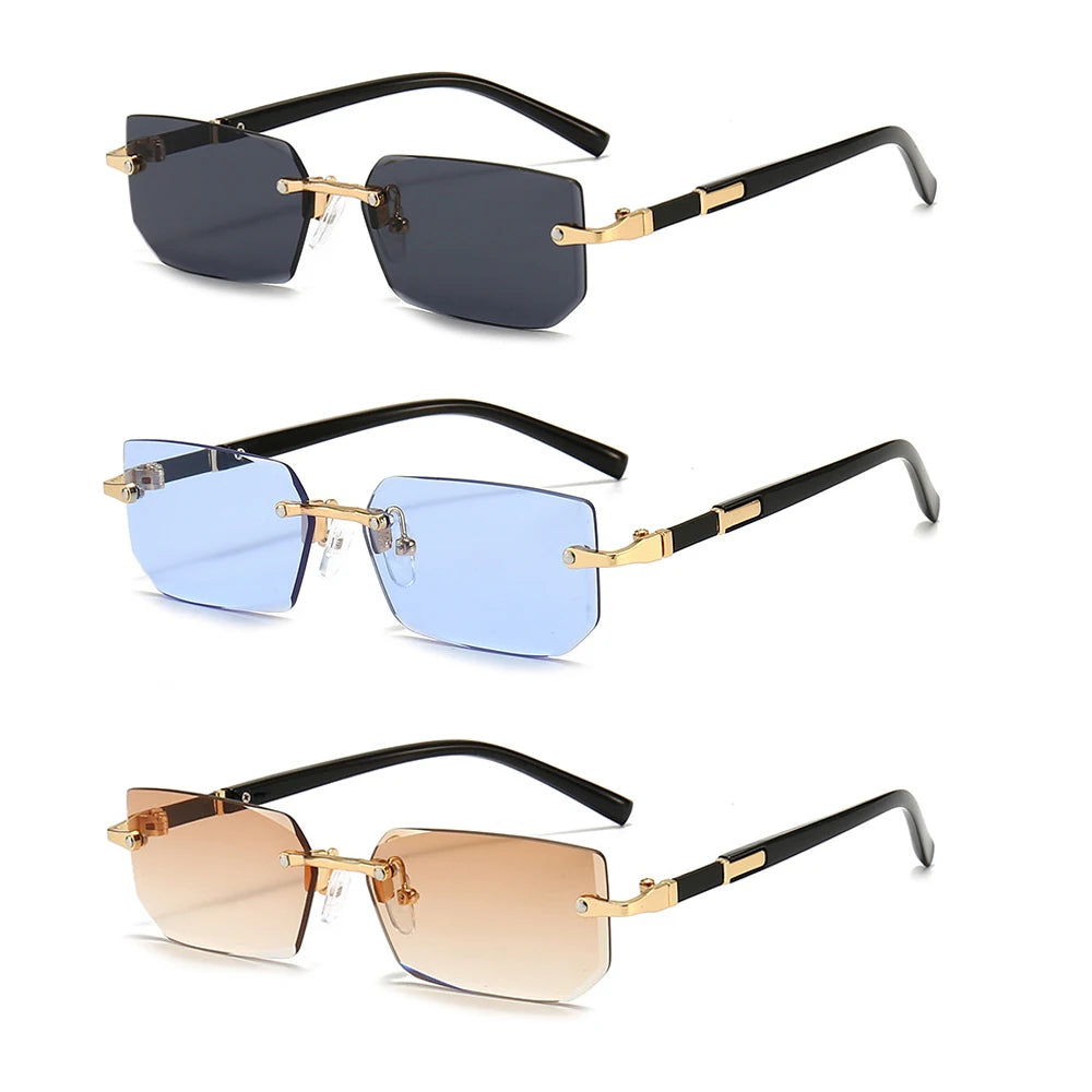 Óculos de sol sem aro para homens e mulheres, tons pequenos, óculos quadrados, viagem de verão, moda popular, feminino, masculino