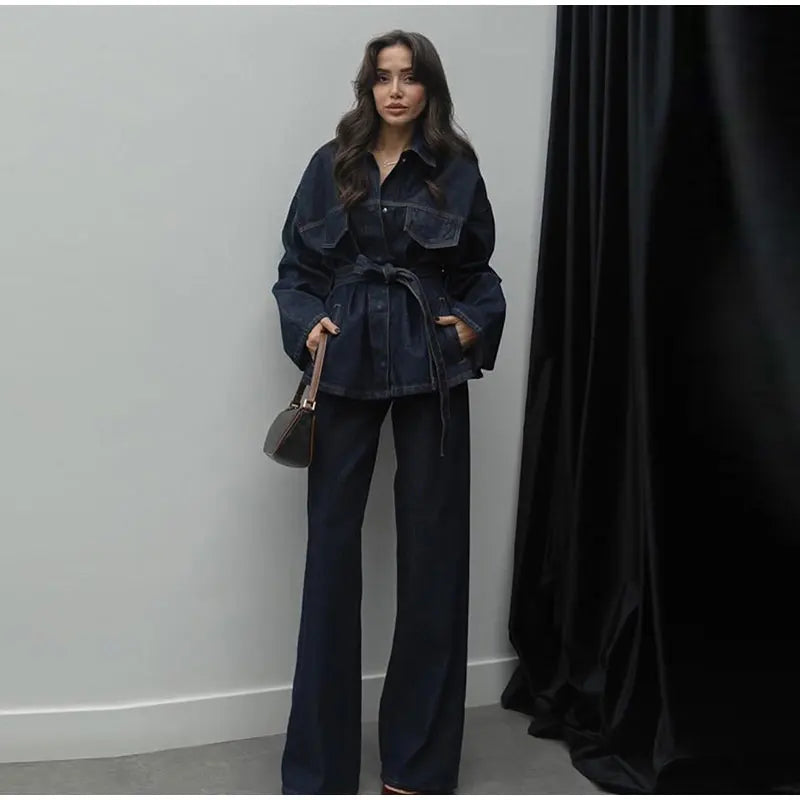 Vintage emendado denim jaqueta calças definir cinto feminino único breasted jaquetas bolsos jeans retos 2025 primavera senhora rua outfit