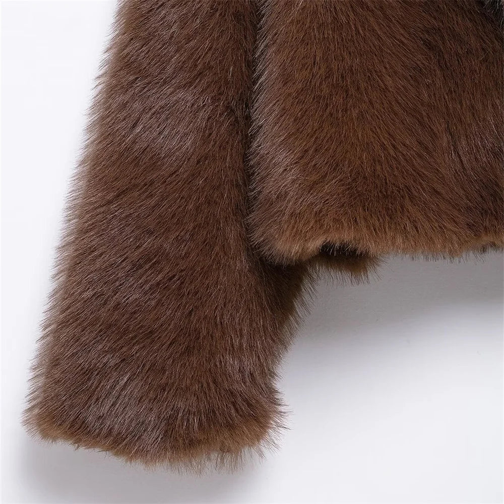 Uniza casaco curto de pele solta de cor sólida outono e inverno novo item lapela manga comprida casaco quente para mulheres