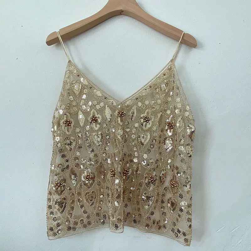 Feminino com decote em v sem mangas regata sexy magro topo verão pesado industrial lantejoulas cravejadas lantejoulas curto solto camisola topo