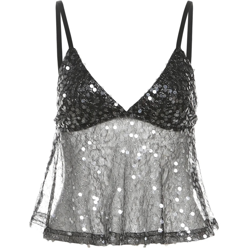 Nibber lantejoulas retalhos malha camisola feminina com decote em v sexy sem costas verão tendência rua meia-noite versátil hottie clássico topos