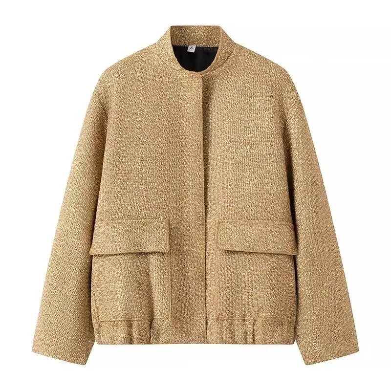 Nlzgmsj jaqueta feminina brilhante de lantejoulas y2k cor dourada gola manga comprida casaco curto outono inverno senhoras alta streetwear