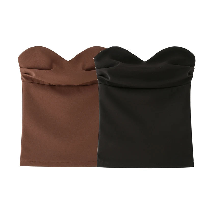 Traf mulher tanques & camis sem alças colheita topos para mulheres verão espartilho tubo superior ruched backelss sexy topos fora do ombro festa topo