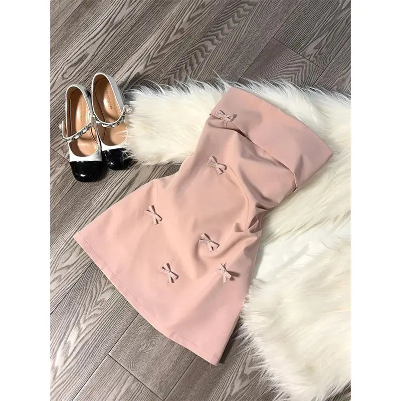Primavera rosa sem alças mini vestido feminino arco design elegante fino ajuste elegante vestido confortável festa casual feminino 2025 novo