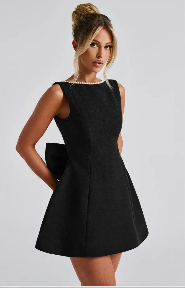 Elegante pérola arco sem costas vestido curto feminino o pescoço mini vestidos de noite preto branco rosa chique verão novo casamento convidado 2025