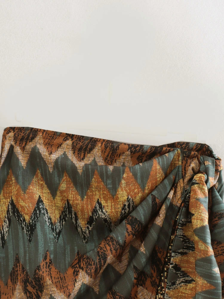 Keyanketian novo vintage impressão geométrica mini saia atada sarong frisado franja envoltório vestidos casuais zip curto skort mujer