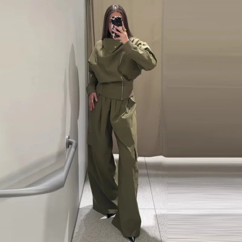 Calças de carga ternos femininos high street vintage solto lapela mangas compridas define feminino 2025 primavera nova moda conjuntos com zíper 2 peças