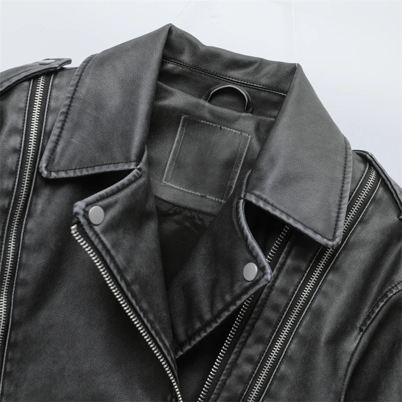 RARF 2024 feminino novo curto fazer efeito antigo imitação de couro jaqueta de motocicleta casaco de couro cinza lavado feminino