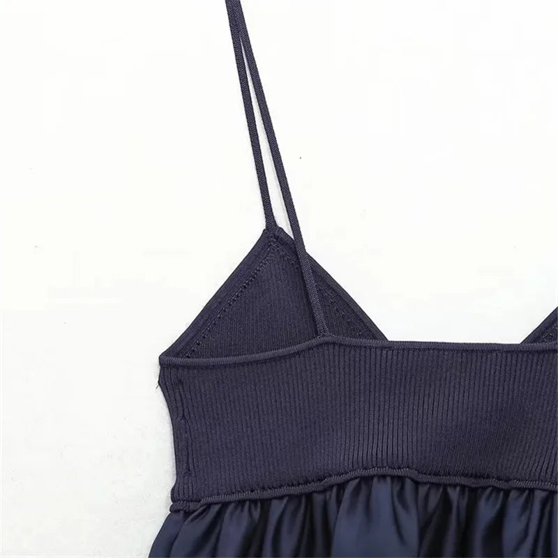 Traf azul de malha superior feminino sem mangas colheita topos feminino 2024 verão sem costas espartilho topo mulher retalhos plissado praia regata