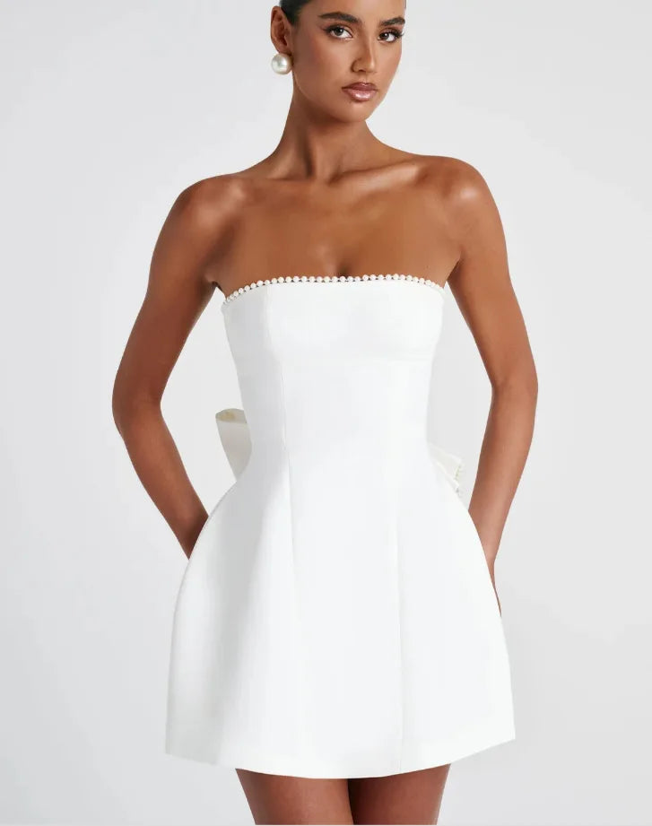 Elegante pérola arco sem costas vestido curto feminino o pescoço mini vestidos de noite preto branco rosa chique verão novo casamento convidado 2025