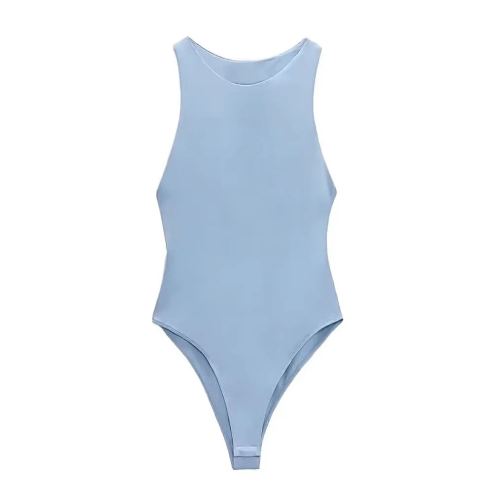 Trza moda feminina com halter pescoço magro bodysuit sexy sem mangas snap-botão feminino playsuits mujer