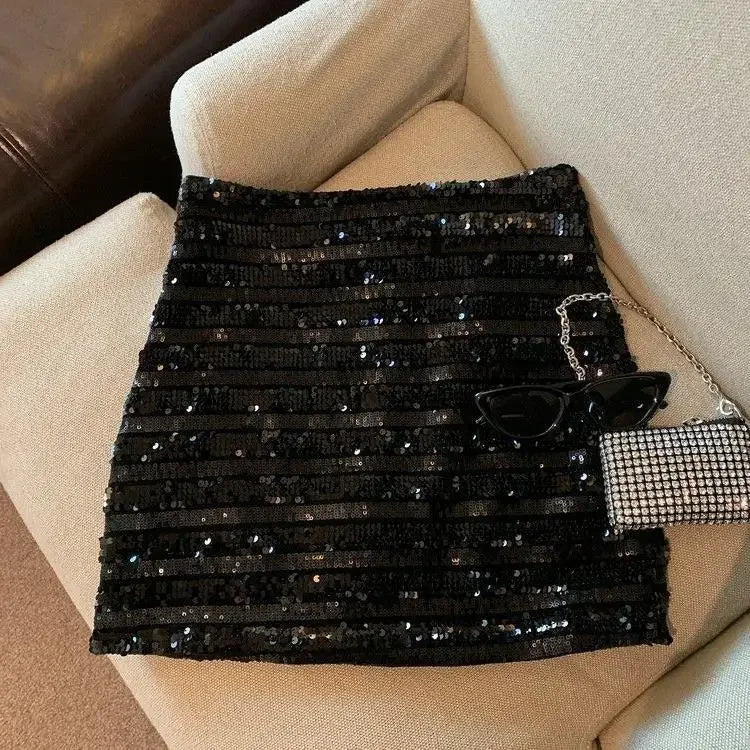 Saia francesa de lantejoulas cinza prateado feminina primavera e outono novo temperamento saia quadril tempero menina anti-exposição saia linha a