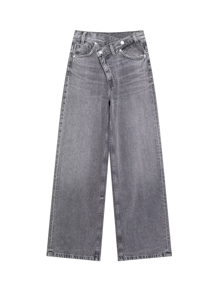TRAF Calças de ganga básicas para mulher New Fashion Asymmetric Design High Waist Wide Leg Trousers Calças de ganga casuais de perna direita para mulher