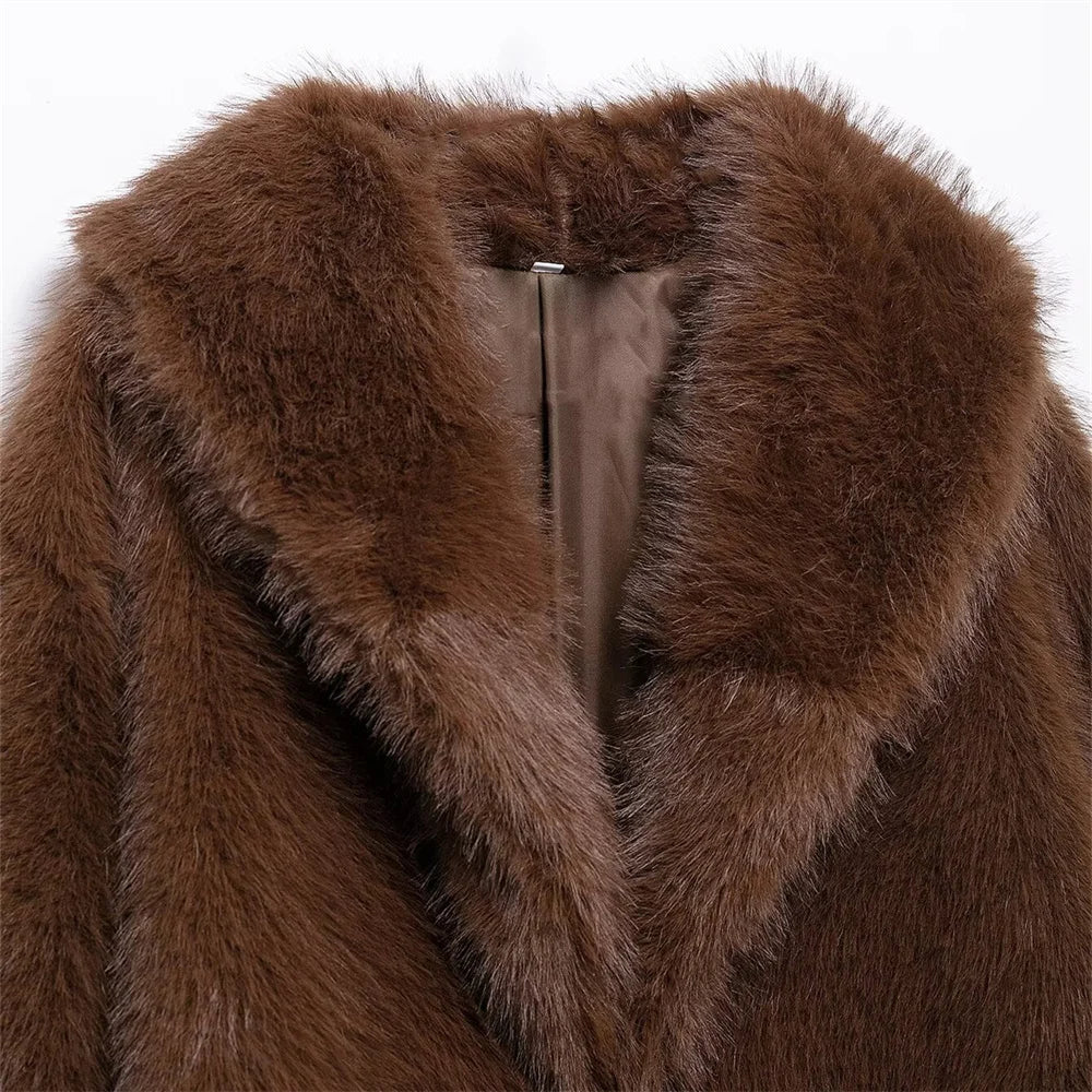 Uniza casaco curto de pele solta de cor sólida outono e inverno novo item lapela manga comprida casaco quente para mulheres
