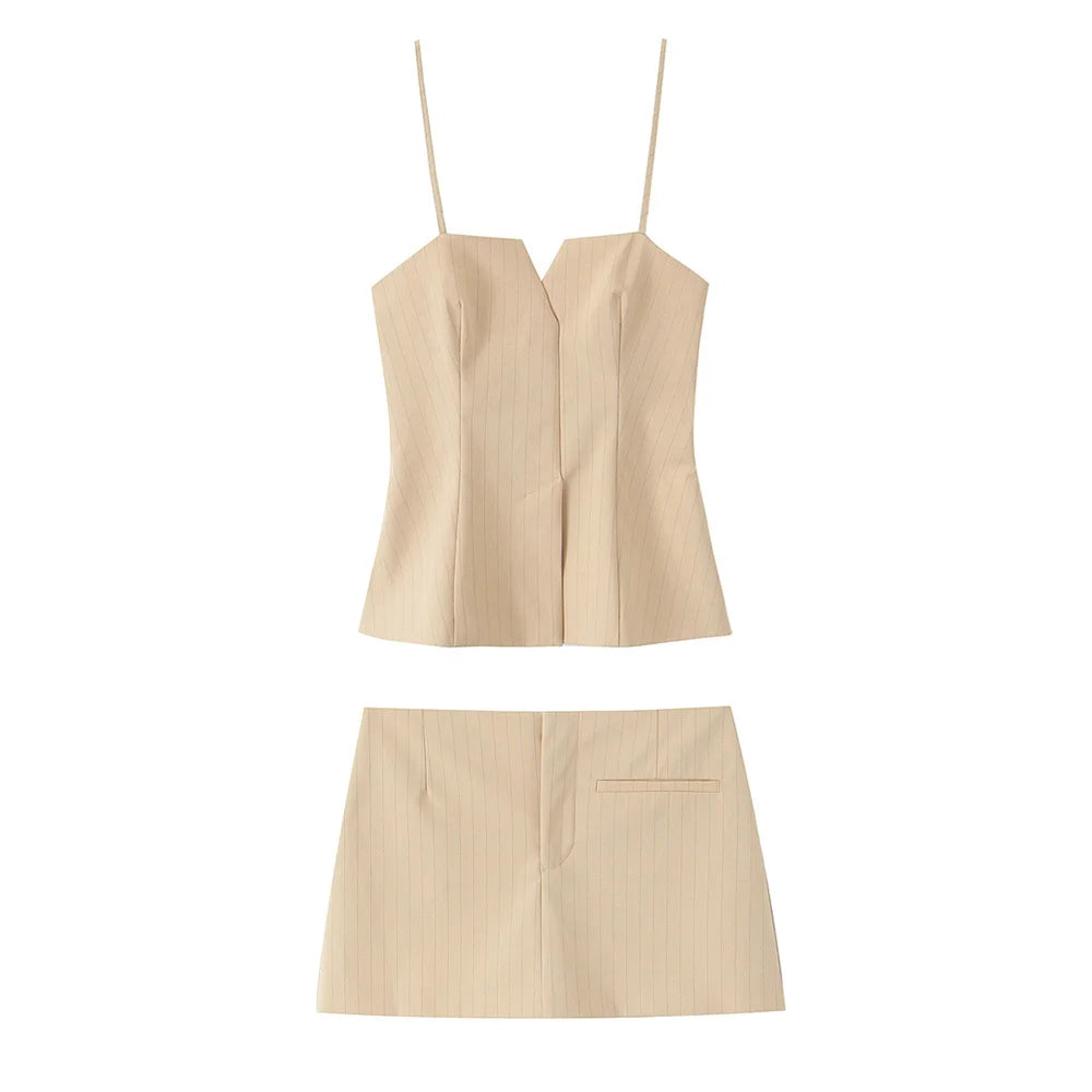 UNIZERA Conjunto feminino listrado de alça fina e calças com decoração de babados primavera novo produto casual feminino
