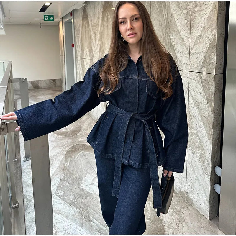 Vintage emendado denim jaqueta calças definir cinto feminino único breasted jaquetas bolsos jeans retos 2025 primavera senhora rua outfit