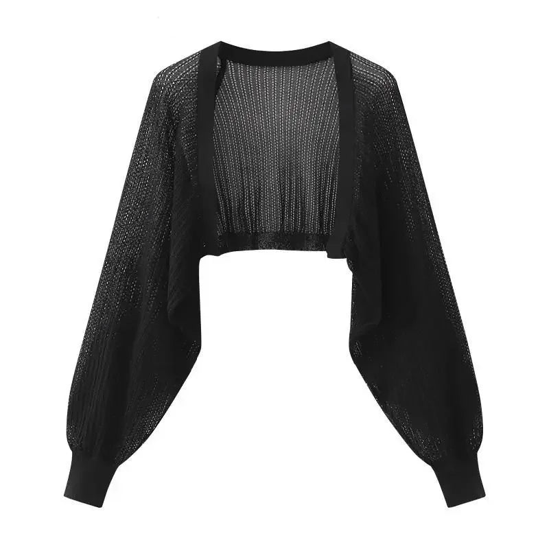 Cardigan francês de malha de seda gelo à prova de sol, jaqueta fina de verão feminina, colete, saia suspensa, xale, blusa externa