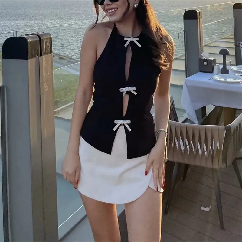 Muyer arco strass colheita topo feminino cortar preto branco sem mangas sem costas topo feminino fora do ombro sexy topos mulher verão