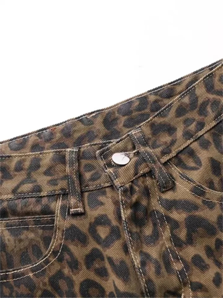 Tan leopardo jeans feminino calças jeans feminino oversize perna larga streetwear hip hop roupas vintage solto casual