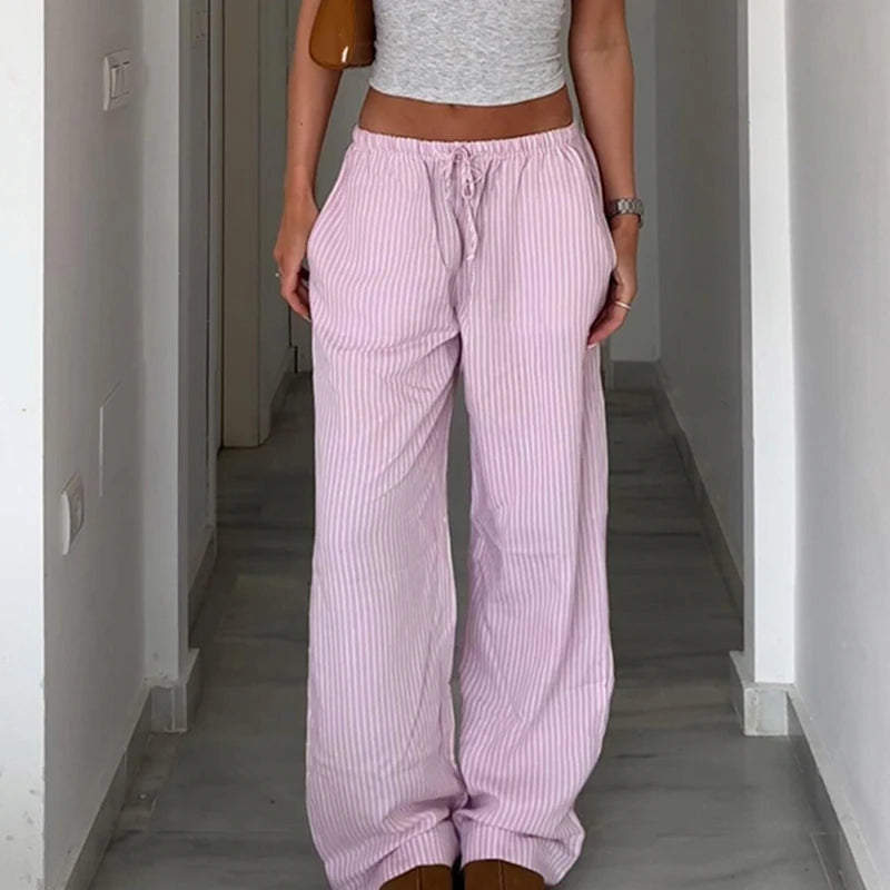 Cuteandpsycho streetwear listrado impressão calças soltas rendas corredores moda y2k calças largas básico estética 90s bonito bottoms