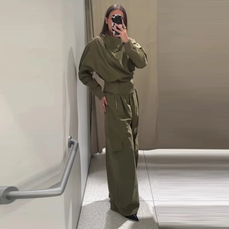 Calças de carga ternos femininos high street vintage solto lapela mangas compridas define feminino 2025 primavera nova moda conjuntos com zíper 2 peças