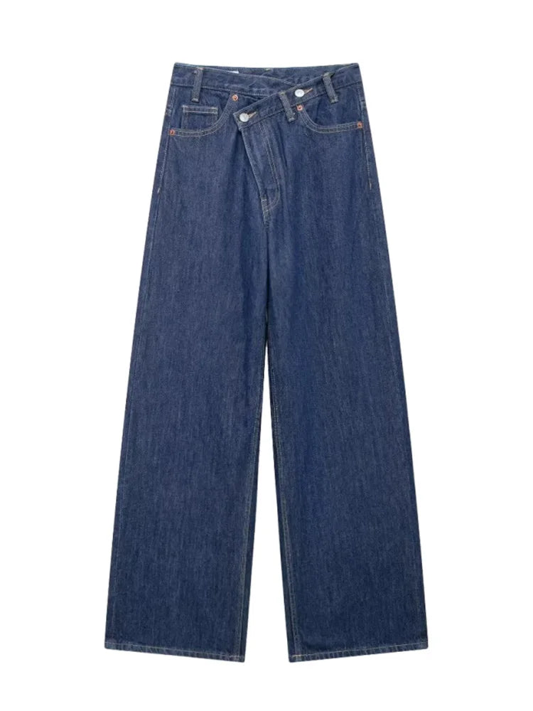 TRAF Calças de ganga básicas para mulher New Fashion Asymmetric Design High Waist Wide Leg Trousers Calças de ganga casuais de perna direita para mulher