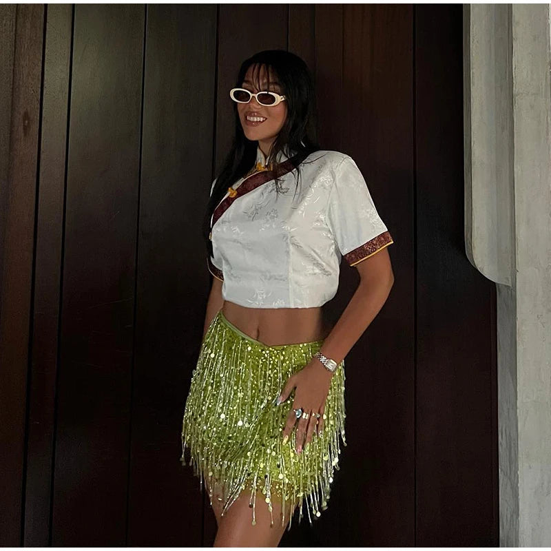 Sexy praia borla saias outfits feminino lantejoulas sem costas sem mangas brilhante ibiza define feminino 2025 primavera verão chique festival terno