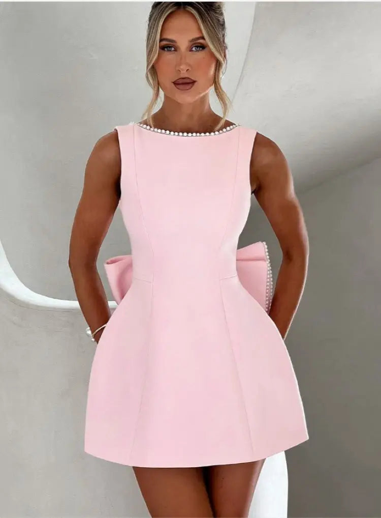 Elegante pérola arco sem costas vestido curto feminino o pescoço mini vestidos de noite preto branco rosa chique verão novo casamento convidado 2025