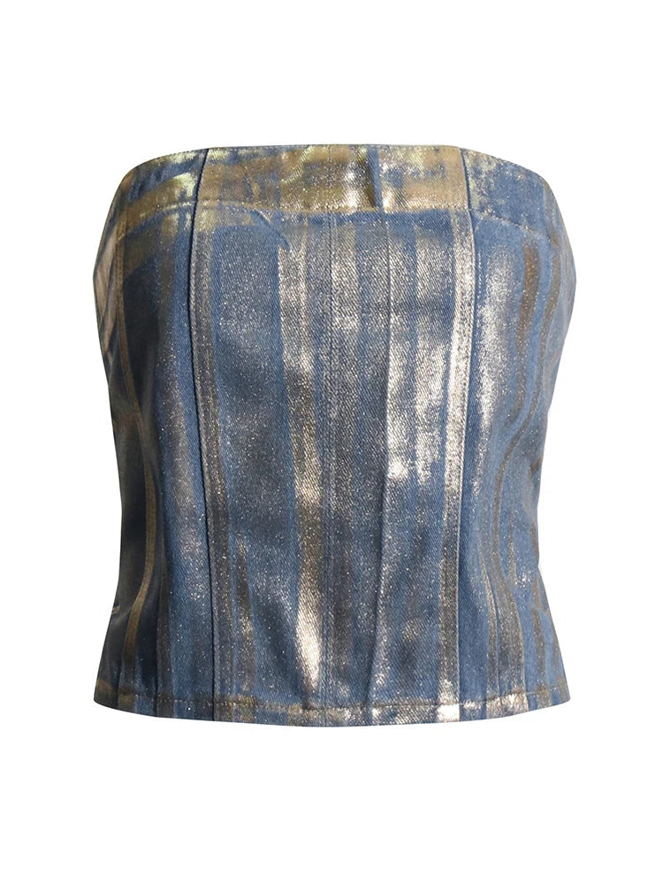 TWOTWINSTYLE-Mulheres de emagrecimento Denim Tank Tops, Patchwork Zipper, Sexy Strapless, sem mangas, sem encosto, coletes curtos, moda feminina