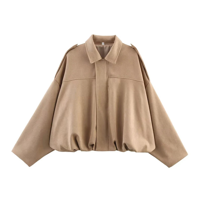 Rafznb jaquetas bomber femininas casacos moda gola virada para baixo manga longa casacos soltos vintage feminino outerwear chiques topos