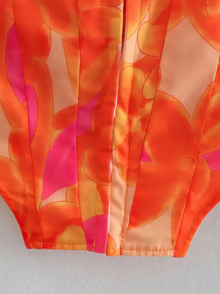 Trza moda feminina frente ganchos de metal impresso bustier topos e cintura alta com arco amarrado mini saia feminina conjuntos de duas peças mujer