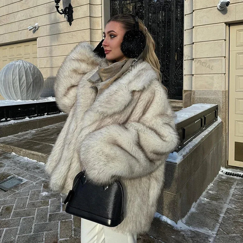 Neo mint 2024 inverno ins moda quente meninas oversized gradiente casaco de pele feminino grosso quente outerwear fofo falso pele de raposa jaqueta