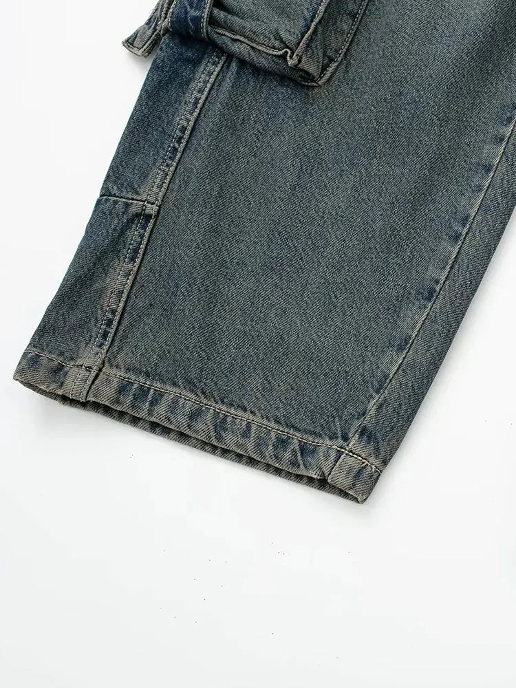 2023 primavera outono mulher bolso workwear denim carga calças compridas moda meados de cintura vintage casual rua calças soltas