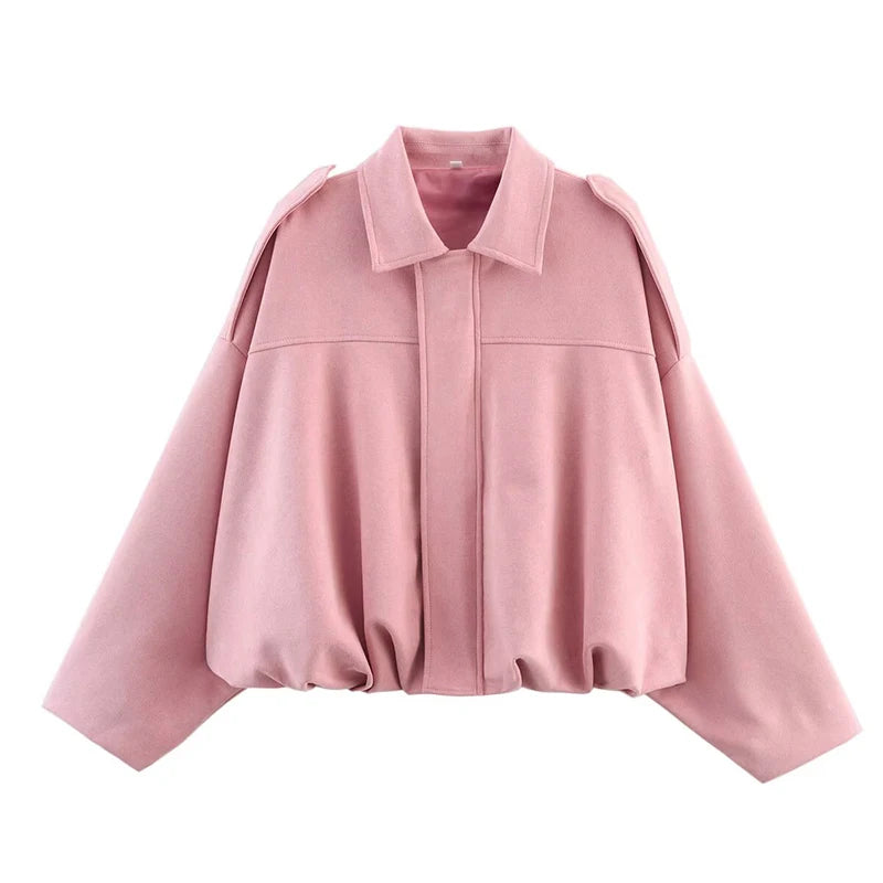 Rafznb jaquetas bomber femininas casacos moda gola virada para baixo manga longa casacos soltos vintage feminino outerwear chiques topos