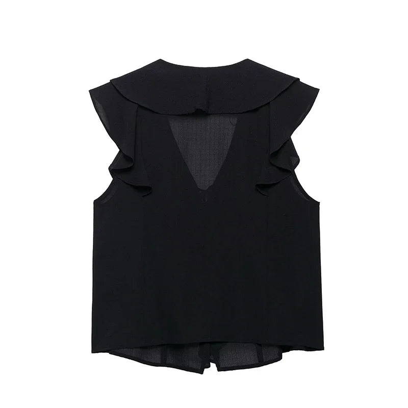 Willshela moda feminina 2 peça conjunto preto babados rendas até colete com decote em v & saias com zíper lateral do vintage shorts feminino chique conjunto