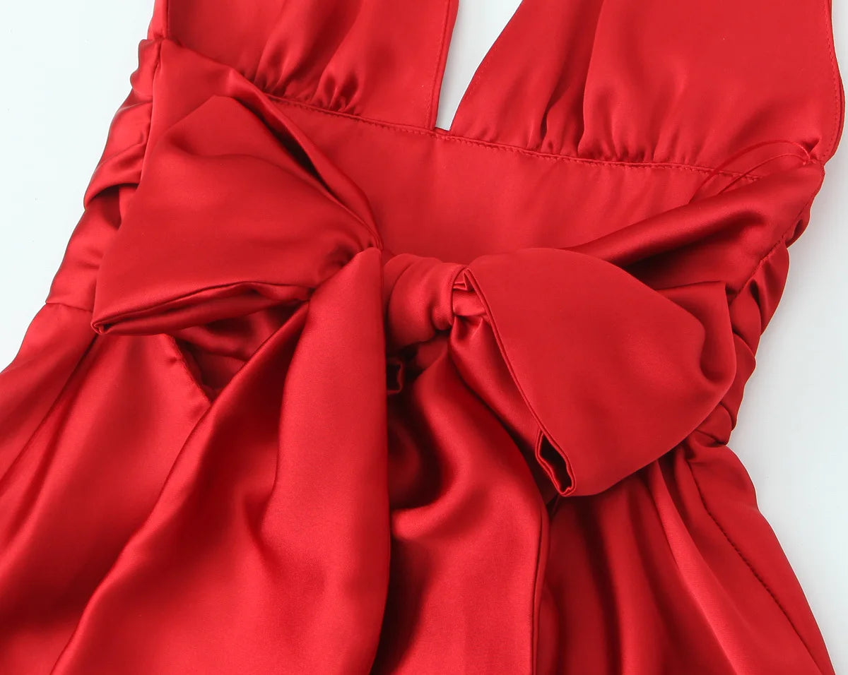Traf robe y2k cetim fino extremo curto vestido de festa feminino 2025 primavera arco amarrado sem mangas sem costas magro uma linha mini vestido vermelho